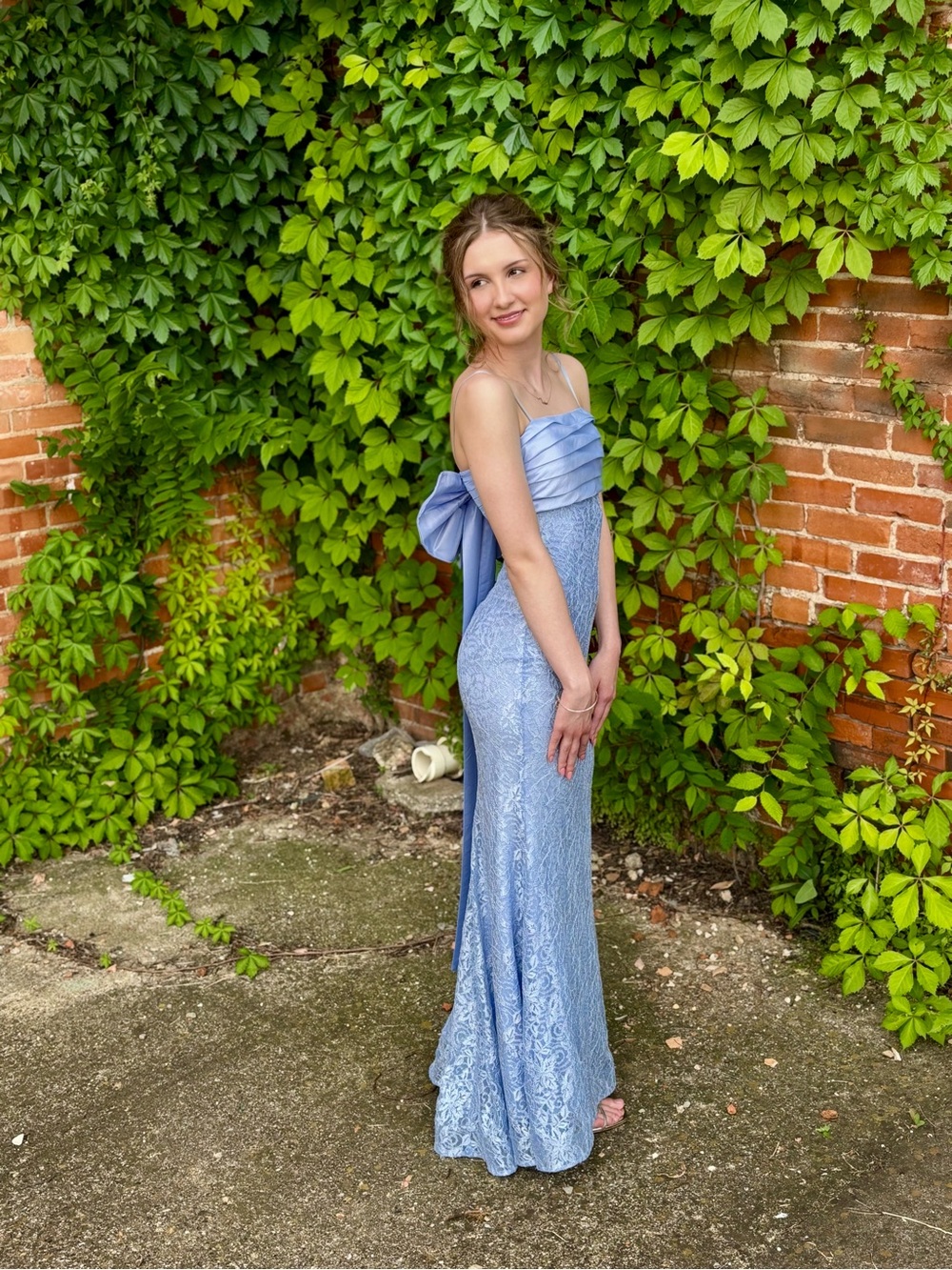 Girls Light Blue Lace Bow-Back Formal Dress